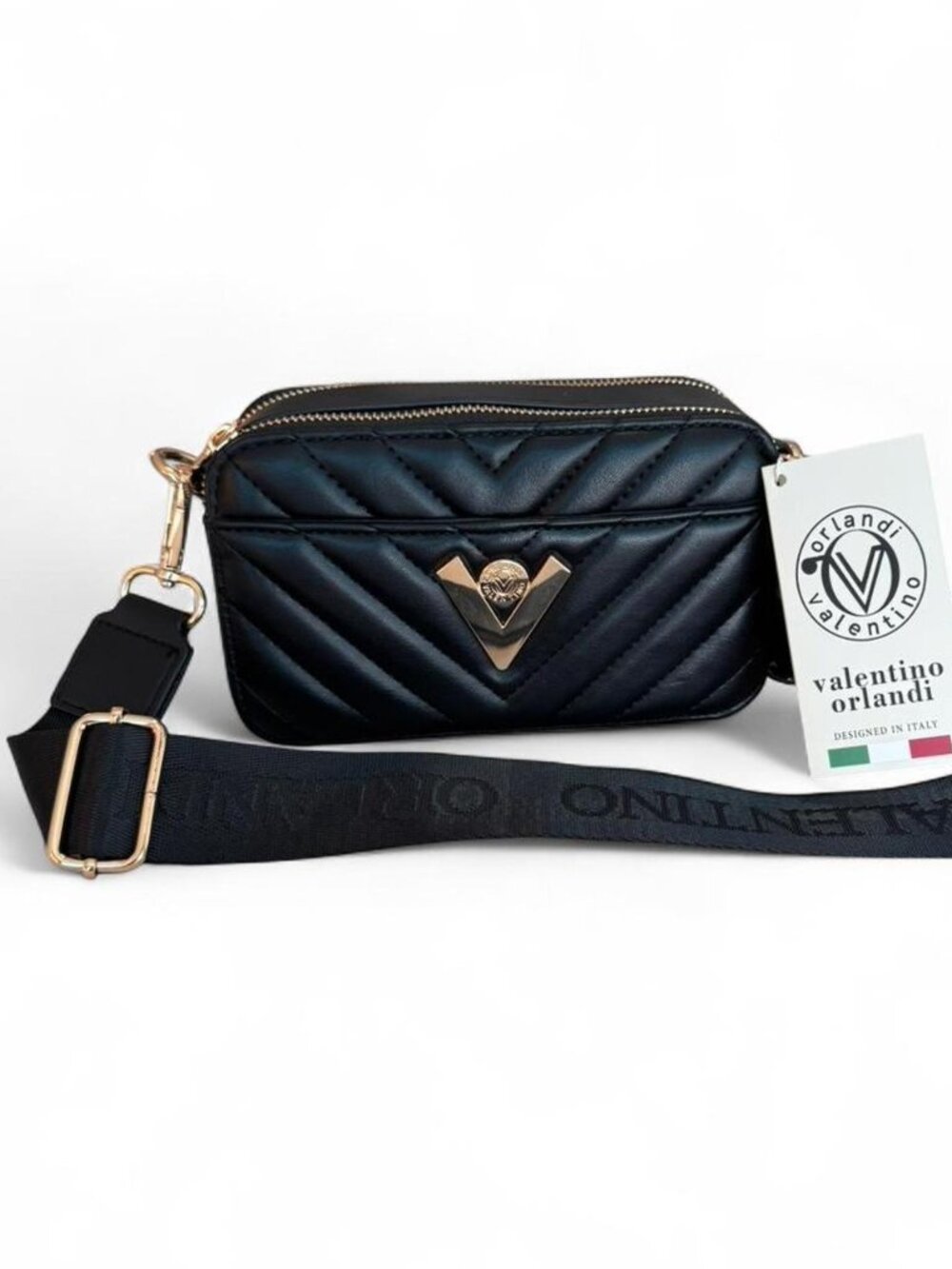 Valentino Orlandi Black Quilted Crossbody with Gold-Tone Emblem NWT